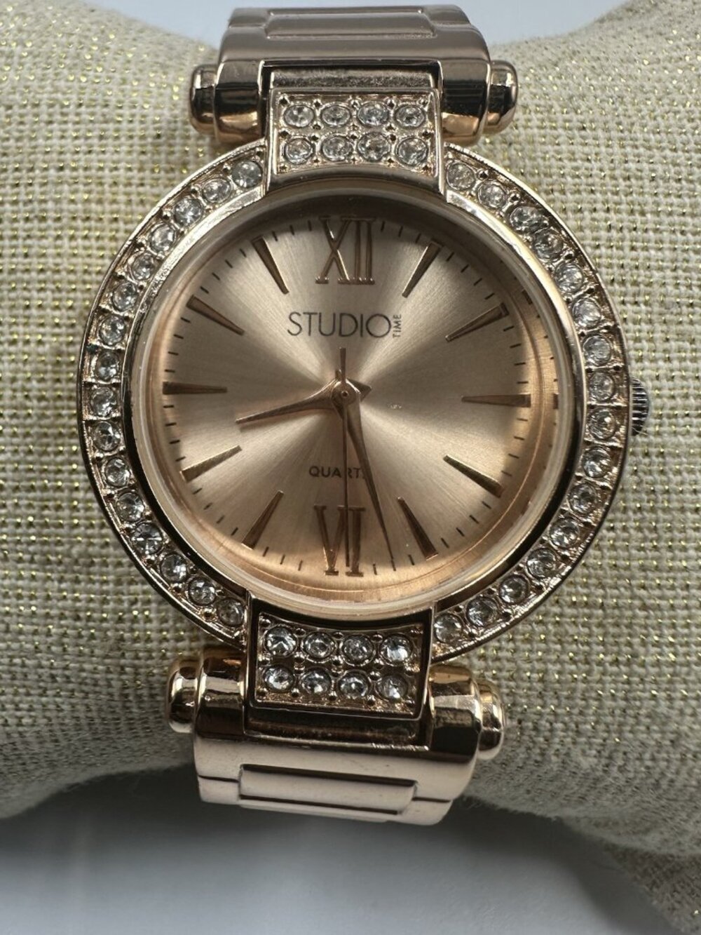 3/$30 Studio Time Watch Women Rose Gold Tone Rhinestone Bezel Cuff Band 6.25"